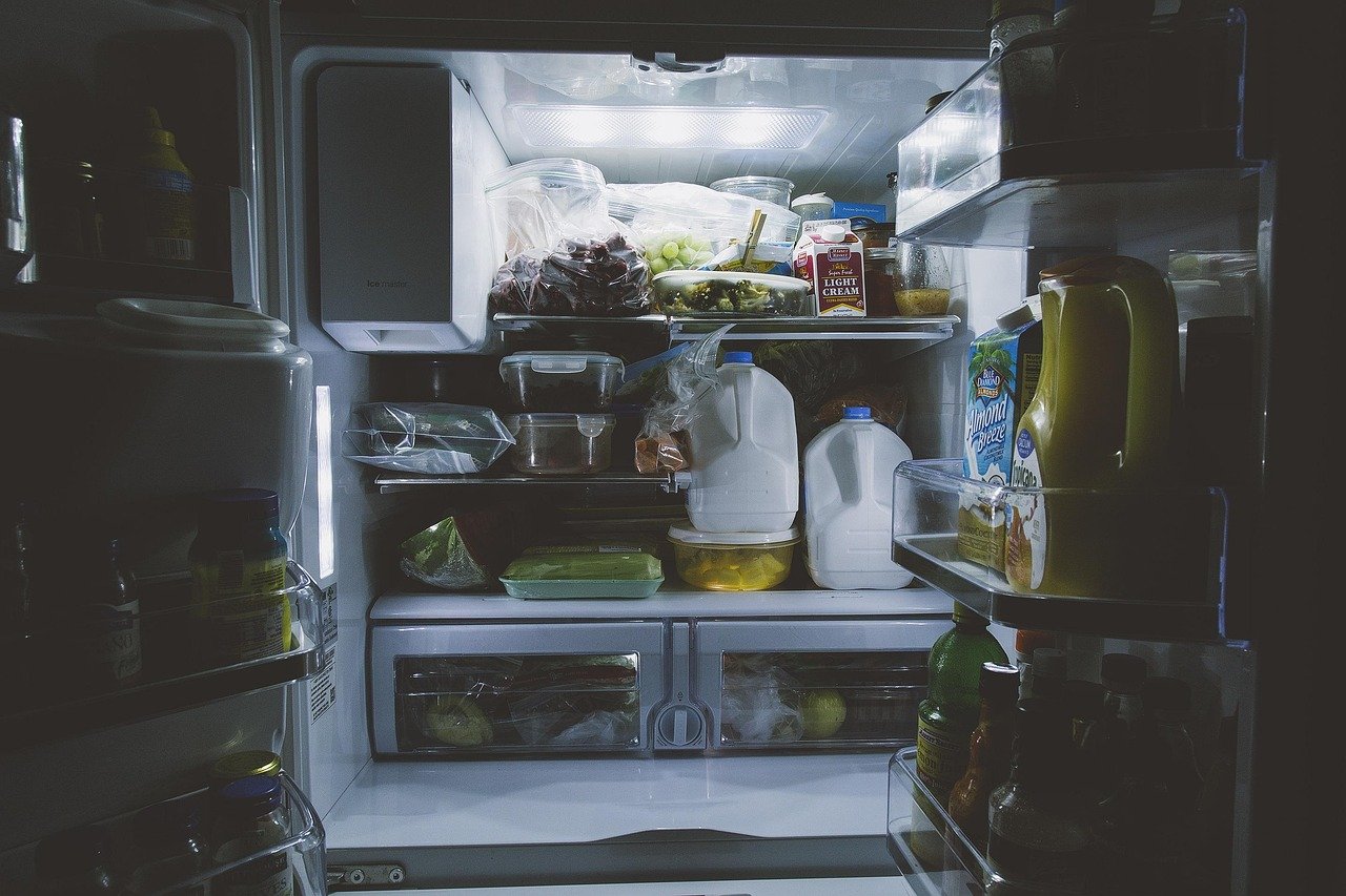 bottles, food, gallon, inside, light, milk, refrigerator, shelf, vegetables, refrigerator, refrigerator, refrigerator, refrigerator, refrigerator